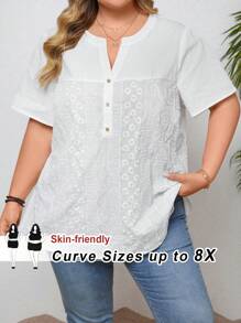 SHEIN CURVE+ 女士大码休闲宽松舒适棉质刺绣 V 领短袖衬衫 - 白色 - 查看 1