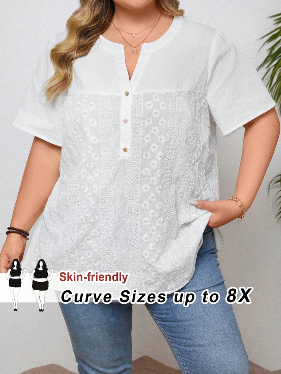 SHEIN CURVE+ 女士大码休闲宽松舒适棉质刺绣 V 领短袖衬衫 - 白色 - 查看 1