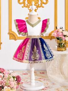 SHEIN 2pcs Baby Girl Summer Adorable Elegant Gradient Gold Floral Top And Skirt Set - White - View 1