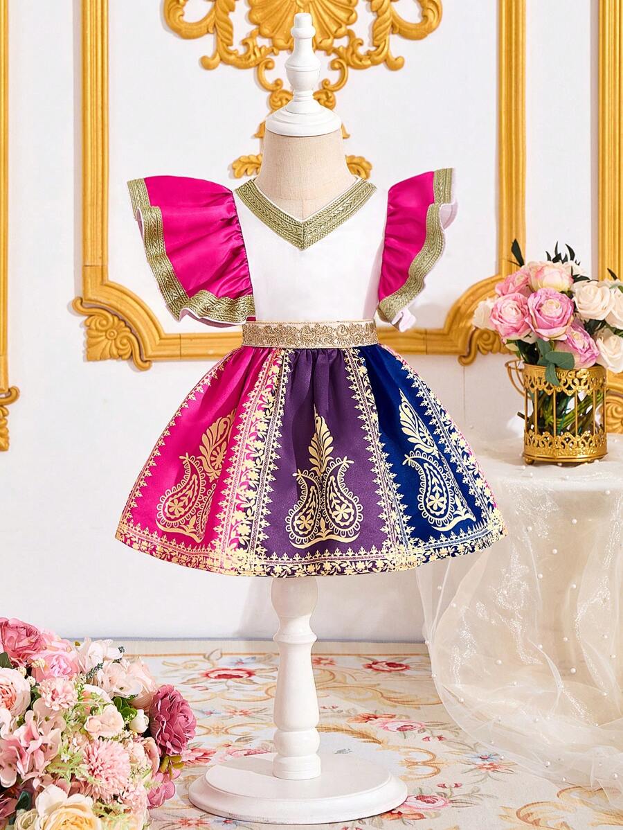 SHEIN 2pcs Baby Girl Summer Adorable Elegant Gradient Gold Floral Top And Skirt Set - White - View 1