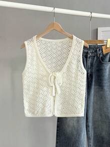 SHEIN Unity Spring/Summer New White Hollow Lace-Up Drawstring Casual Knit Vest - White - View 1