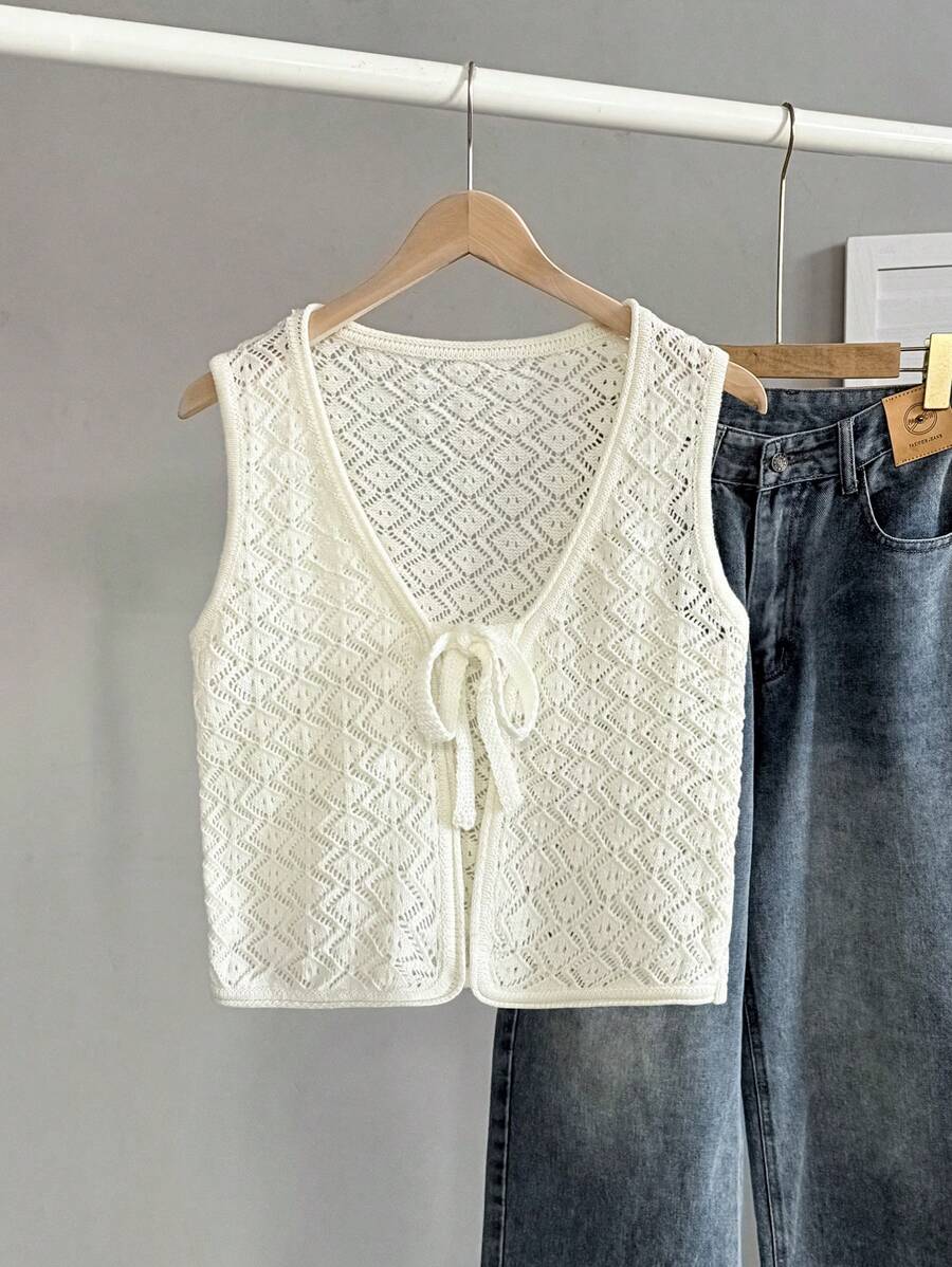 SHEIN Unity Spring/Summer New White Hollow Lace-Up Drawstring Casual Knit Vest - White - View 1