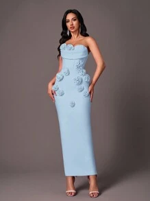 Glamrae Elegant Strapless Ruffle Neck Fishbone & 3D Flower Design Formal Bandage Evening Dress - Light Wash - View 7