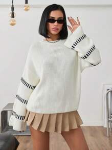 EURMUSE Women Oversized Knitted Pullover, Casual Loose Slouchy Outwear/Inner Shirt, Autumn/Winter - Black and White - View 5