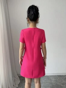 Chiquease Slim Fit Elegant Lady Bow Detail Short Sleeve A-Line Dress - Hot Pink - View 2