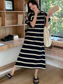 DAZY 女式休闲宽松撞色条纹中长连衣裙夏季太阳裙 - 彩色 - 查看 2