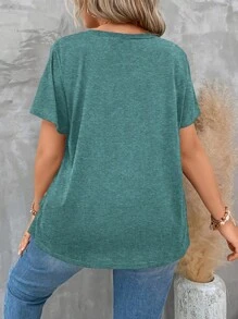 SHEIN Clasi Plus Size V-Neck Short Sleeve Button-Up Casual Top, Everyday Wear - Green - View 2