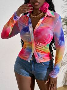 Slaydiva Plus Size Women's Casual Mesh Top: Multicolor Semi-Sheer Long Sleeve Collared Button-Down Shirt With Floral Print And Ruched Detailing For A Look - Multicolor - View 6