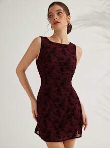 Femmeiva Vintage French Style Off Shoulder Sleeveless Elegant Waist Wrap Sexy Backless Mini Dress For Women For Valentine's Day - Burgundy - View 1