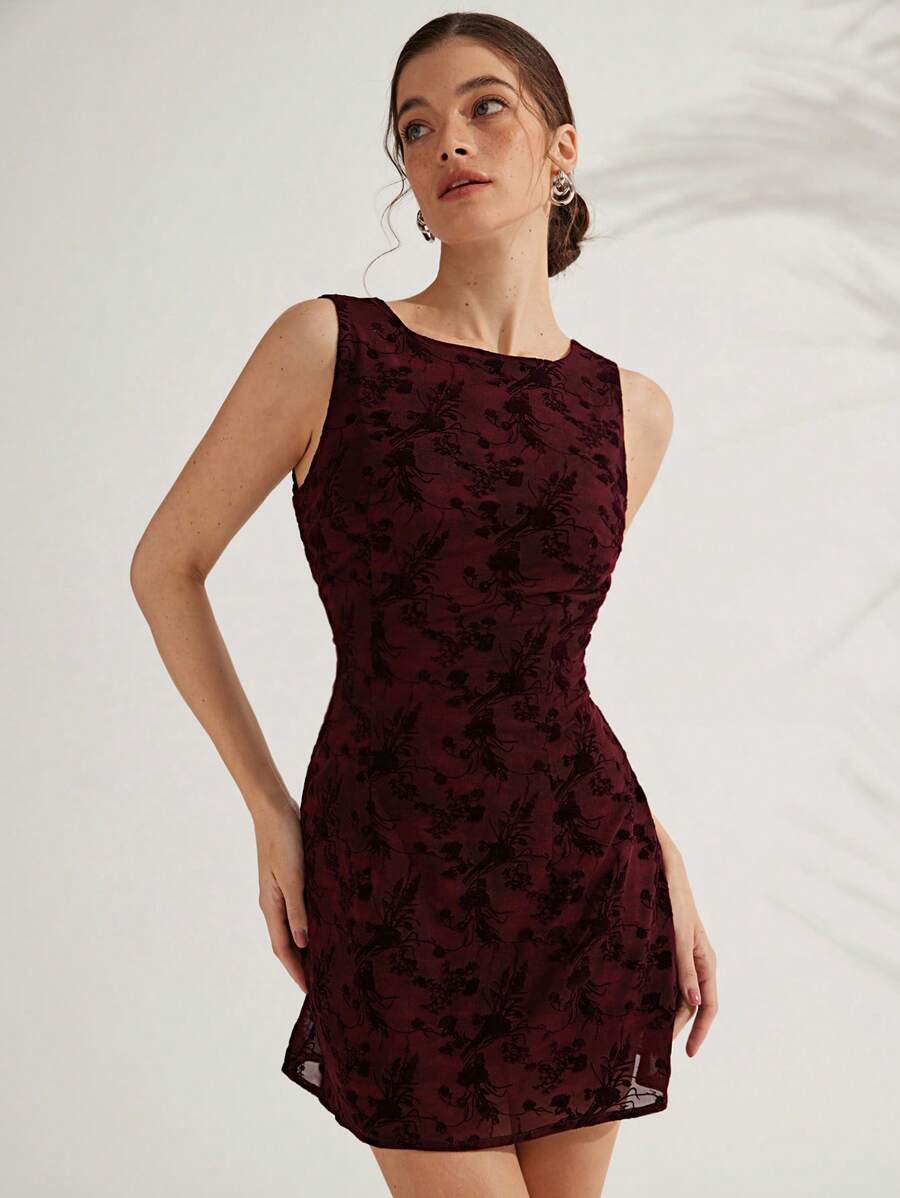 Femmeiva Vintage French Style Off Shoulder Sleeveless Elegant Waist Wrap Sexy Backless Mini Dress For Women For Valentine's Day - Burgundy - View 1
