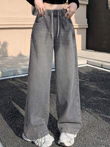 DAZY 女士系带前口袋简约牛仔裤，休闲日常穿着 - 灰色 - 查看 4