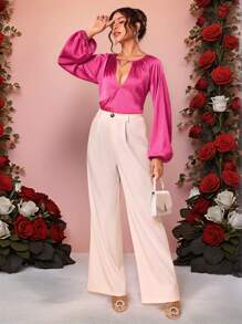 Raimo Rosa Designer Business Casual Hot Pink Satin With Heart Buckle Keyhole Neckline Leisure Long Raglan Sleeves Blouse, Spring & Summer, Festival, Office