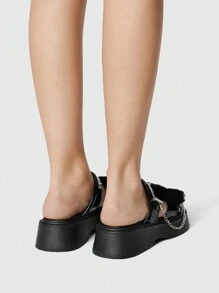 ROMWE Grunge Punk 女士厚底 Y2K 朋克一脚蹬拖鞋，保暖内衬，链条和心形装饰，时尚，春夏 - 黑色 - 查看 4