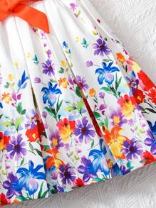 SHEIN 2pcs/Set Tween Girl Elegant Floral Print Top & Skirt With Belt - Multicolor - View 3