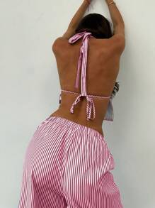 Aloruh 2pcs Set Young Lady Commuter Simple Neck Tie Slit Striped Vest + Low Waist Striped Maxi Pants - Red and White - View 4