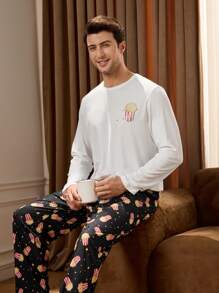 Notgurli 1 Set Men's Popcorn Print Long Sleeve Lounge Top And Pants Pajama Sets - Black and White - View 3