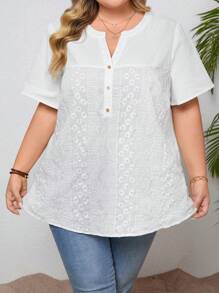 SHEIN CURVE+ 女士大码休闲宽松舒适棉质刺绣 V 领短袖衬衫 - 白色 - 查看 3