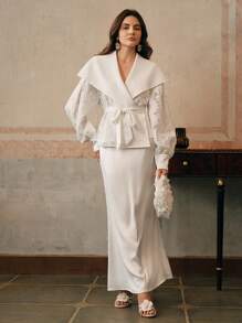 Anewsta V-Neck Wrap Waist Long Sleeve Modest Elegant Jacket - White - View 6