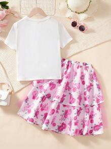 SHEIN Top a maniche corte lavorato a maglia con collo rotondo, elegante e maestoso, adatto a tutti i giorni, e gonna in tulle con motivo floreale delicato, per ragazze durante il Ramadan
