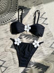 SHEIN Swim Nuevo conjunto de bikini clásico en blanco y negro con estampado floral, atuendo de playa de verano para mujeres - Negro - Ver 3