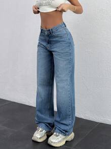 EURMUSE HIGH WAIST BACK DETAILED STRAIGHT LEG JEAN - Medium Wash - View 1