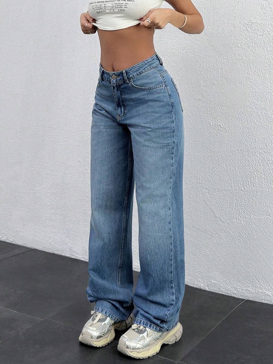 EURMUSE HIGH WAIST BACK DETAILED STRAIGHT LEG JEAN - Medium Wash - View 1