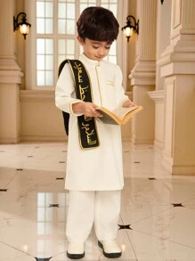 SHEIN Young Boy Embroidered Design Pocket Long Sleeve Button Half Placket Shirt - Black - View 3