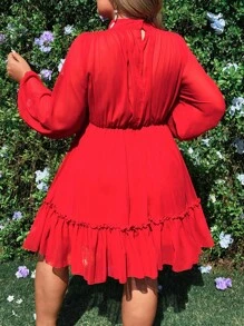 Flirla Robe élégante à col montant, manches longues, taille froncée, ourlet en forme de A, transparente - Rouge - Voir 2