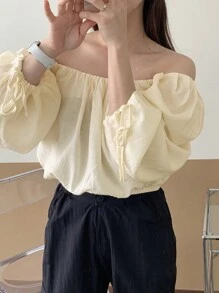 DAZY 女士短款方领长袖休闲宽松衬衫 - 黃色 - 查看 6