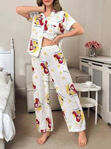 Bubble Print Lapel Cardigan Short Sleeve & Long Pants Women Pajama Set - Beige - View 5