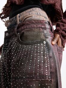 NEON BLANC 男士街头时尚牛仔短裤，带水钻装饰，街头时尚版，Emo 风格 - 紫色 - 查看 1