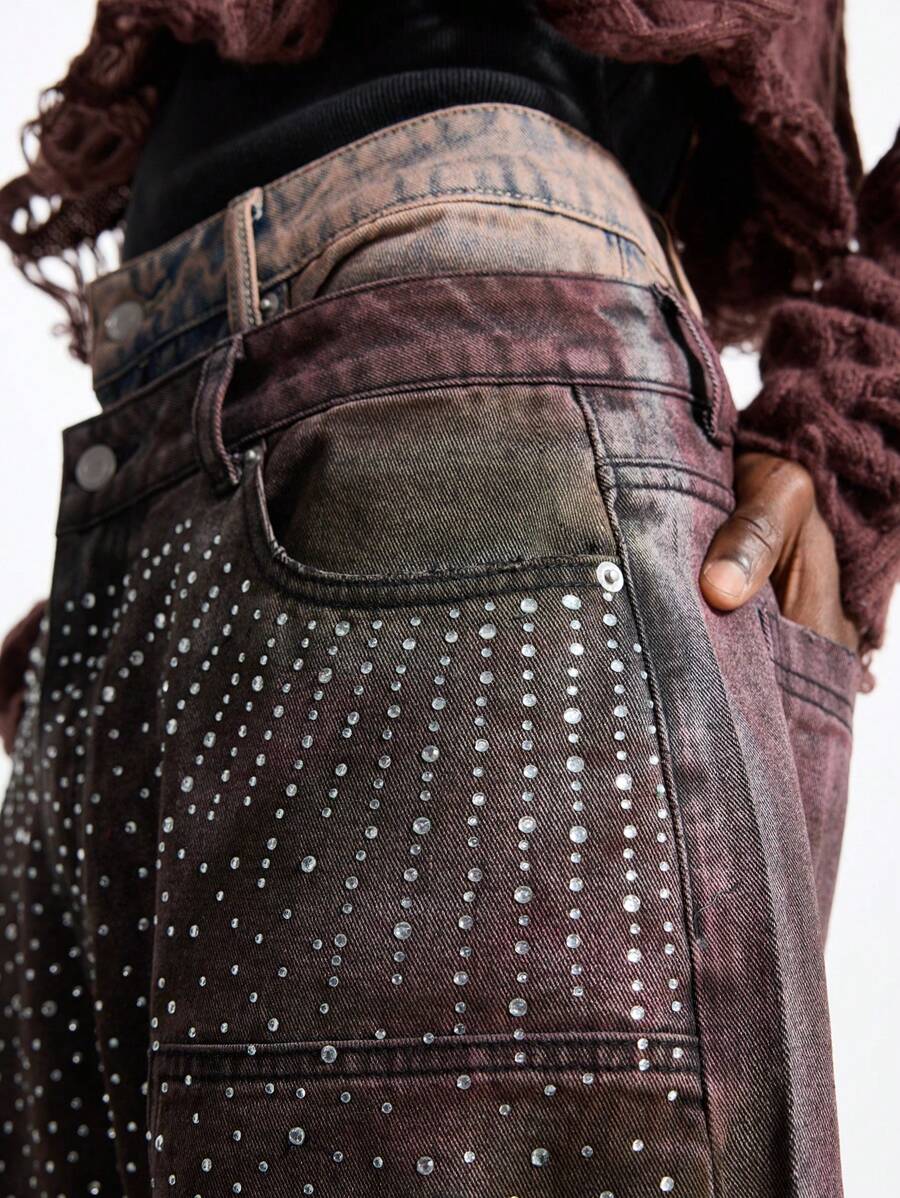 NEON BLANC 男士街头时尚牛仔短裤，带水钻装饰，街头时尚版，Emo 风格 - 紫色 - 查看 1