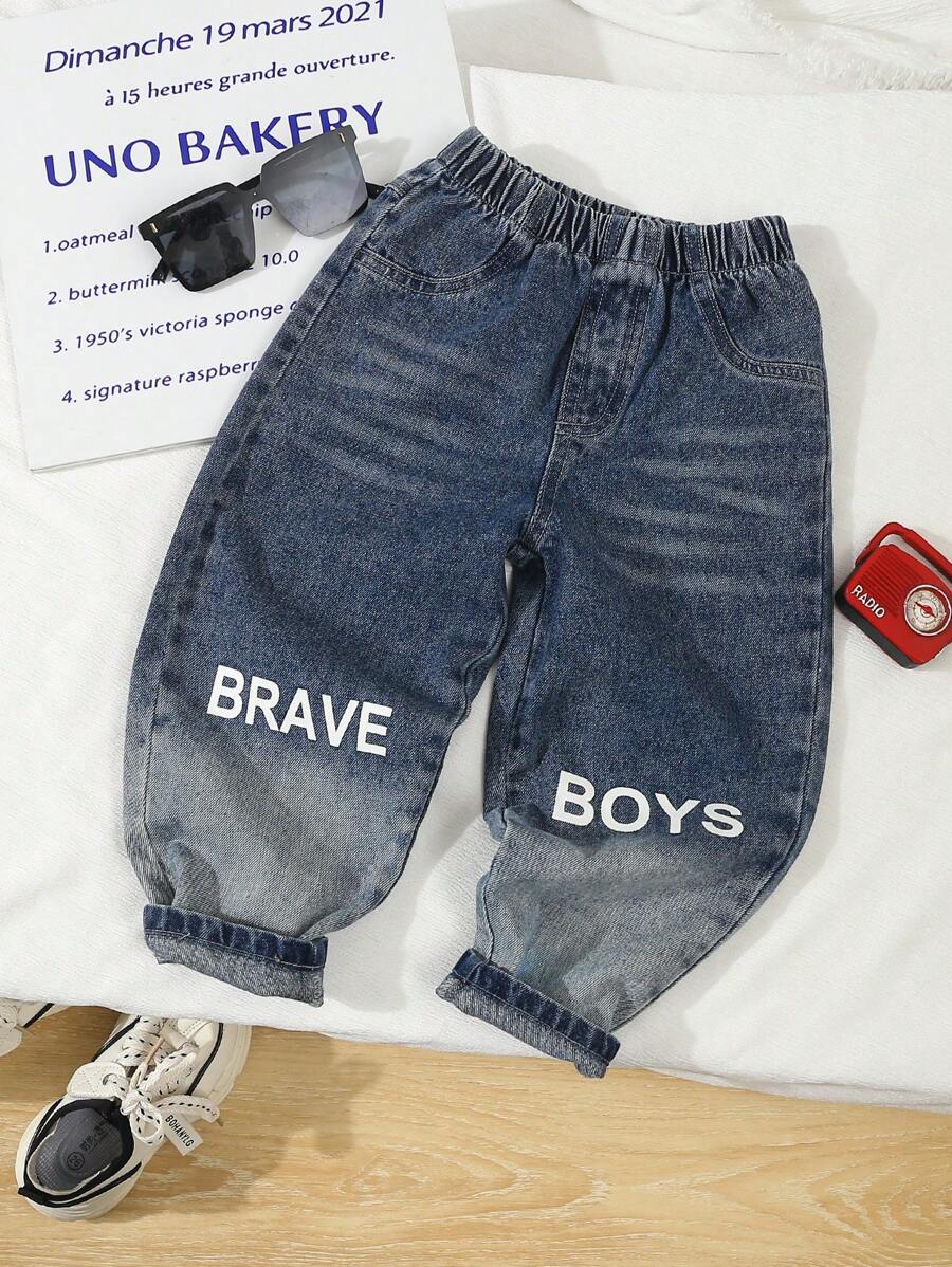 Young Boys' Fashionable Streetwear Style Slim Fit Faded Cat Whisker Print Blue & White Gradient Jeans, Casual & Versatile, Suitable For Spring/Autumn - Blue and White - View 1