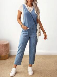 EMERY ROSE Women's Casual V-Neck Denim Overall With Dual Pockets - Blue - View 3