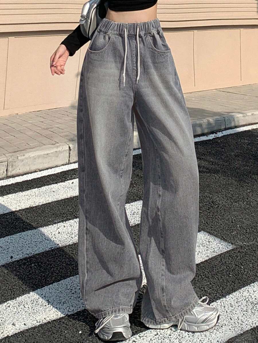 DAZY 女士系带前口袋简约牛仔裤，休闲日常穿着 - 灰色 - 查看 1