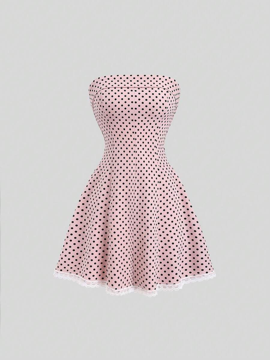 Sweetra Robe femme en ligne A avec taille cintrée, col cranté et imprimé pois bleu, doux et épicé. Printemps et été