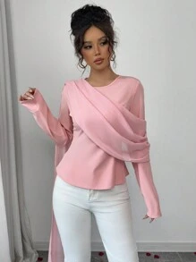 Elenzga Women's Elegant Round Neck Long Sleeve Solid Color Princess Seam Cinched Waist Chiffon Batwing Blouse, Fashionable And Slimming