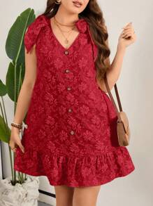SHEIN LUNE Plus Size 3D Bloemen Stof Geknoopte Bandjes Bruidsmeisjes/Bruiloftsgast Mini Jurk