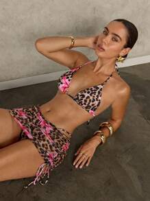SHEIN Swim 2 piezas Conjunto de bikini con escote halter sexy para mujer, con estampado de leopardo y floral, para el atuendo del festival de música 2025, para vacaciones en la playa de verano