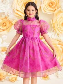 SHEIN Tween Girls Elegant Floral Print Organza Short Sleeve Pink Dress, Ramadan Dress, For Valentine's Day