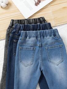 3 件套女婴简约休闲浅蓝色、中蓝色、灰色松紧腰洗水牛仔长裤套装