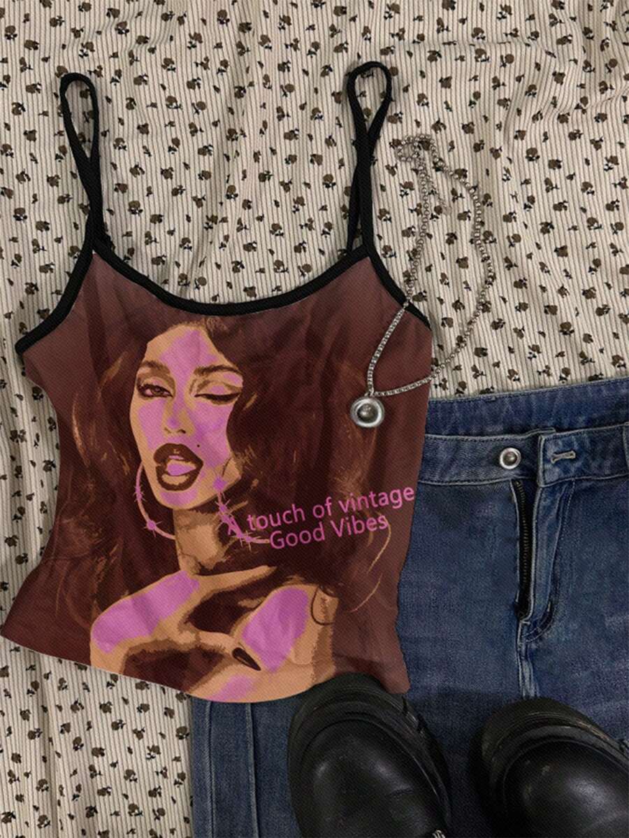 Attitoon 复古性感女人图案女式休闲性感吊带背心修身吊带背心 - 白色 - 查看 1