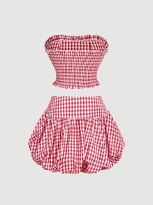 SHEIN MOD 2 件套女士红色格子短款抹胸上衣和荷叶边迷你裙 - 紅色 - 查看 2