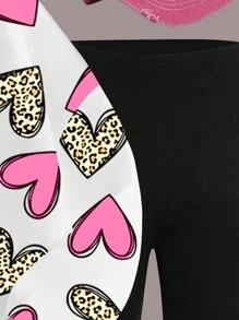 Valentine's Day Leopard & Heart Pattern, Tween Girls Knit Crew Neck Letter Graphic Loose Sweatshirt And Flare Leg Pants 2Pcs Casual Outfit