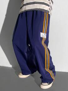 SHEIN Tween 男童休闲百搭舒适松紧腰字母织标直筒宽松纯色裤子，适合通勤、上学、日常生活、度假、运动、春季、夏季、秋季、冬季