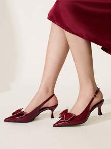 CUCCOO CHICEST Women's Elegant Gold Chain Buckle Design Pointed Toe Stiletto Heel Mid-Heel PU Leather Mule Pumps, Suitable For Date, Office, Afternoon Tea, Graceful Outfits, Valentine's Day - Burgundy - View 5
