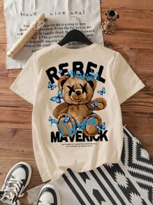 Attitoon Casual Loose-Fitting Bear Print Round Neck Short Sleeve Women's T-Shirt, Suitable For Summer