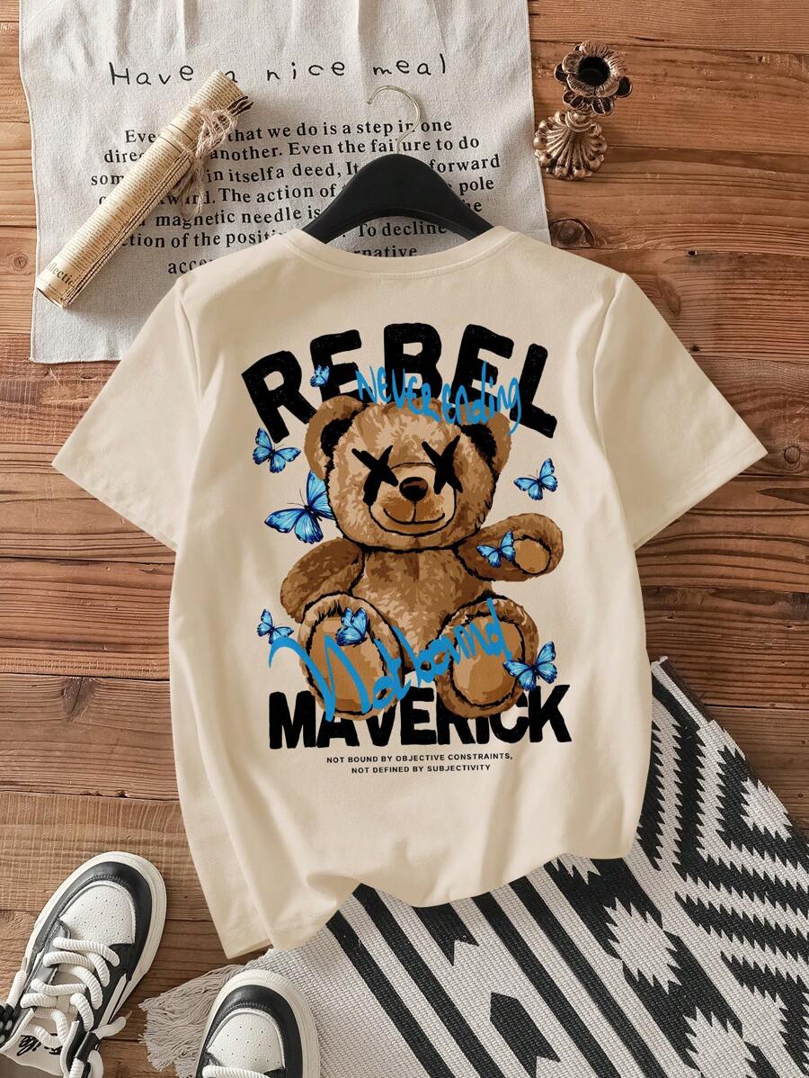 Attitoon Casual Loose-Fitting Bear Print Round Neck Short Sleeve Women's T-Shirt, Suitable For Summer