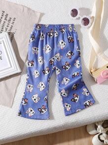 Baby Girls Casual And Loose Versatile Elastic Waist Cute Cat Graphic Blue Denim Effect Flared Pants, Suitable For Spring, Fall,Winter - Blue - View 1