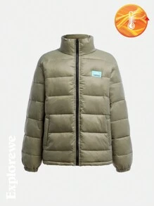 SHEIN Teen Boy Plain Long Sleeve Zip-Up Water-Resistant Hooded Padded Coat For Winter